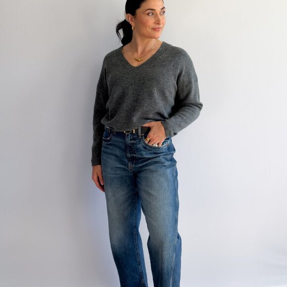 Women’s Grey V-Neck Sweater – Soft Knit Lightweight Pullover - Picture 5 of 9